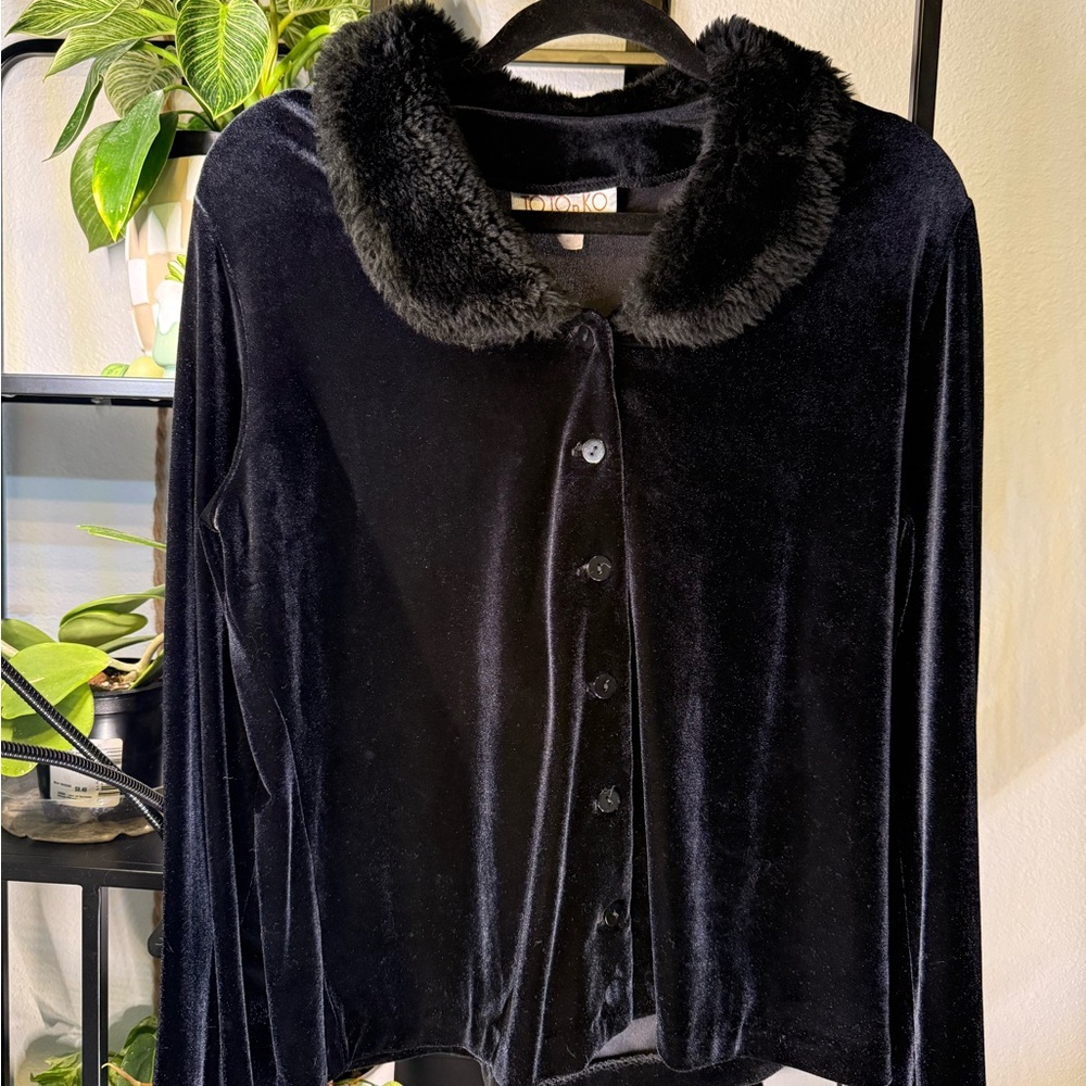 Black Velvet Button-Up with Faux Fur Collar